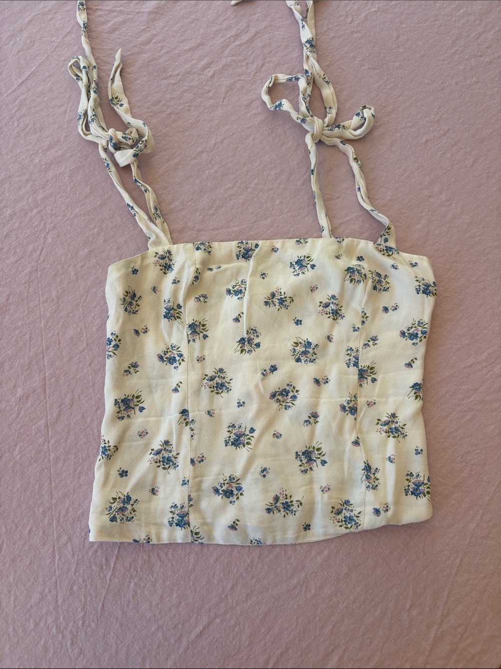 Reformation Cream Floral Tie-Shoulder Square Neck Crop Top